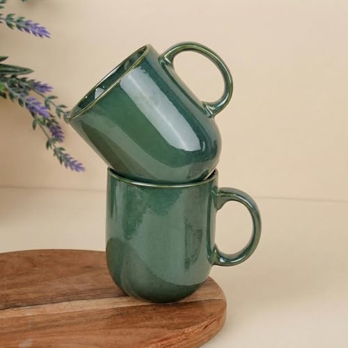 Image of The Earth Store Green Cylus Coffee Mug - 320ML Ceramic Coffee Mugs Set of 2 | Microwave & Dishwasher Safe Mugs for Gift | Home | Office | Restaurant | Daily Use Tea Mug