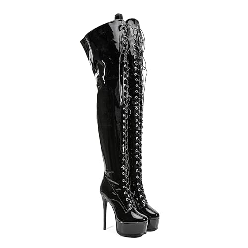 Image of Shiny leather Thigh high boots for Women Stiletto heel Platform Over the knee Round toe back zipper Sexy Front Strappy high heel Cosplay Custume unisex boots