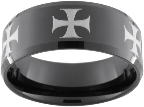 10mm Black Tungsten Carbide Ring, Beveled Edges, Maltese Crosses evenly spaced (full & half sizes 5-15)