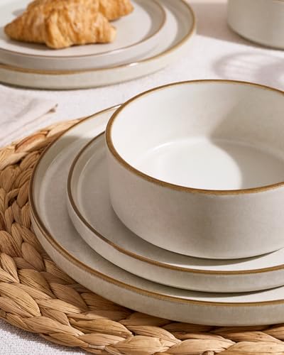 Image of Famiware Nebula Plates and Bowls Sets, 18 Pieces Stoneware Dinnerware Sets, Reactive Glaze Dish Set, Dishes Set for 6, Matte Beige White with Brown Rim