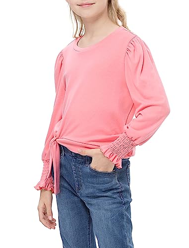 Image of Girls Long Sleeve Crewneck T-Shirt Smocked Sleeve Tie Front Knot Gathered Cuffs Tees Top Blouse for 3-12Y