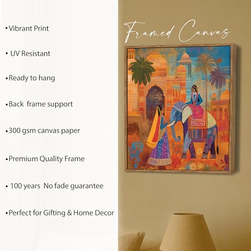 Image of PAINTINGMANTRA Rajasthani Elephant Folk Framed Painting For Living Room | Indian Traditional Large Canvas Painting With Frame Wall Art For Bedroom, Hallway's, Office, Hotel, Size 58x58 cm