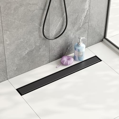 Neodrain 24-Inch Linear Shower Drain,with 2-in-1 Flat & Tile Insert Shiny Black Cover, Rectangle Shower Floor Drain, Floor Shower Drain with Adjustable Leveling Feet, Hair Strainer by Neodrain - Used condition - US$41.76