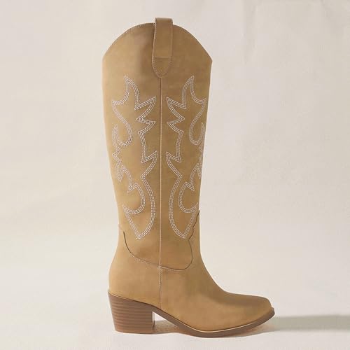 Image of Erocalli White Cowgirl Boot Cowboy Boots for Women Embroidered Pull-On Chunky Stacked Heel Knee High Western Boots