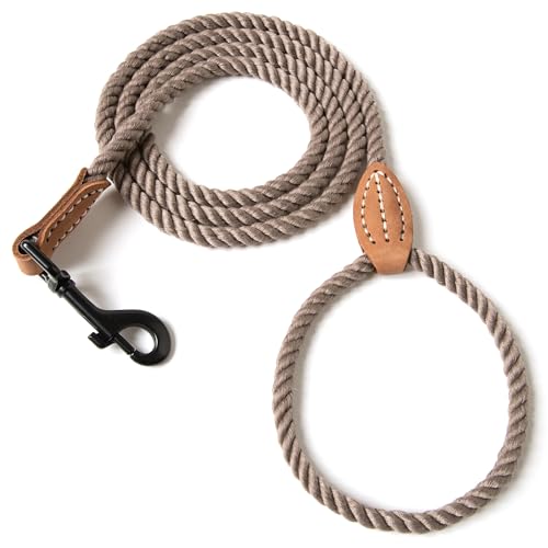 Mile High Life Dog Leash, Braided Cotton Rope Leashes with Leather Tip - Heavy Duty Metal Clasp, 4FT, 1/3" Thick - Wedding, Walking Leash for Small Me