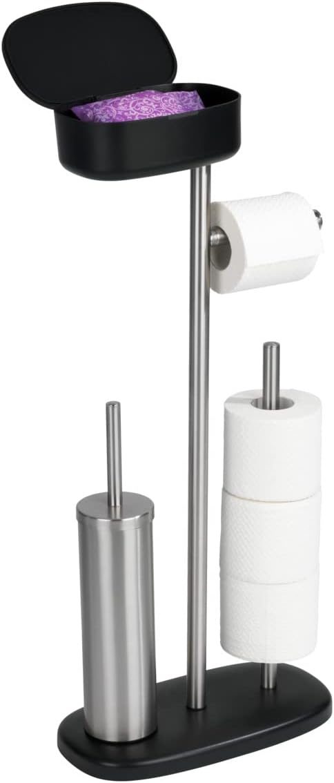 WENKO Toilet Paper Holder with Storage and Toilet Brush, Toilet Paper Holder Stand, Freestanding Toilet Tissue Holder for Bathroom, Stainless Steel