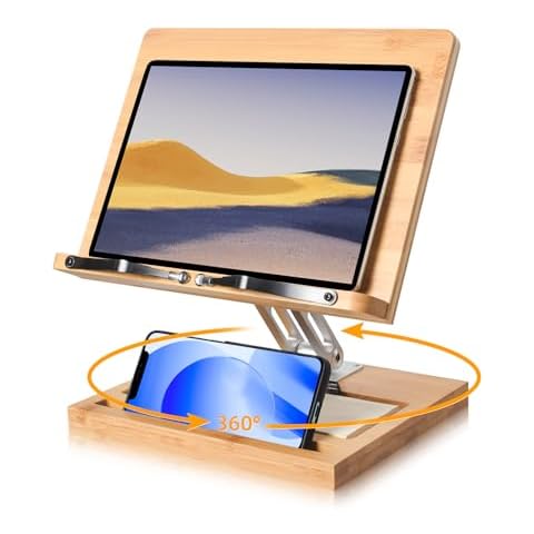 wishacc Adjustable Book Stand for Reading, 360 Degree Book Holder Hands Free with Phone Holder Slot and File Organizer, Foldable Desktop Riser for Laptop, Recipe, Textbook,Cookbook Stand Cover