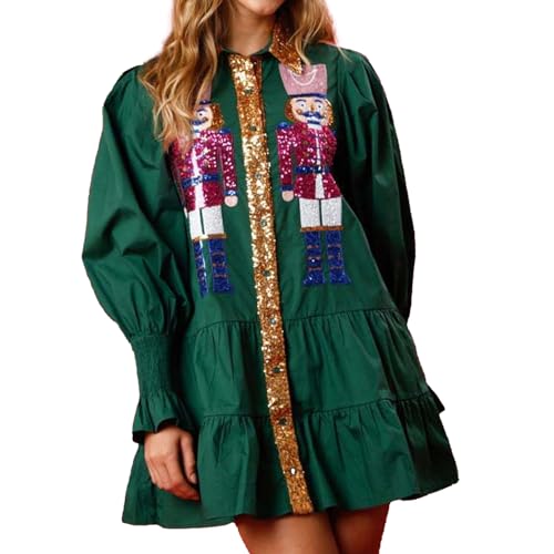 ABYOVRT Christmas Nutcracker Dress for Women Sequin Sweatshirt Dress Long Puff Sleeve Button Down Mini Shirt Dresses Costume (Green S)