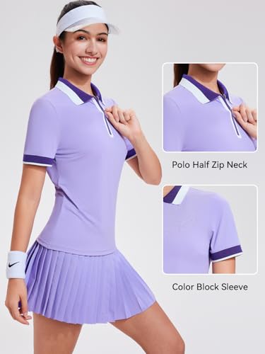 Image of Tennis Skirt Sets for Women Zipper Color Block High Waisted Golf Polo Two Piece Skirt Set Women 2 Piece Outfits