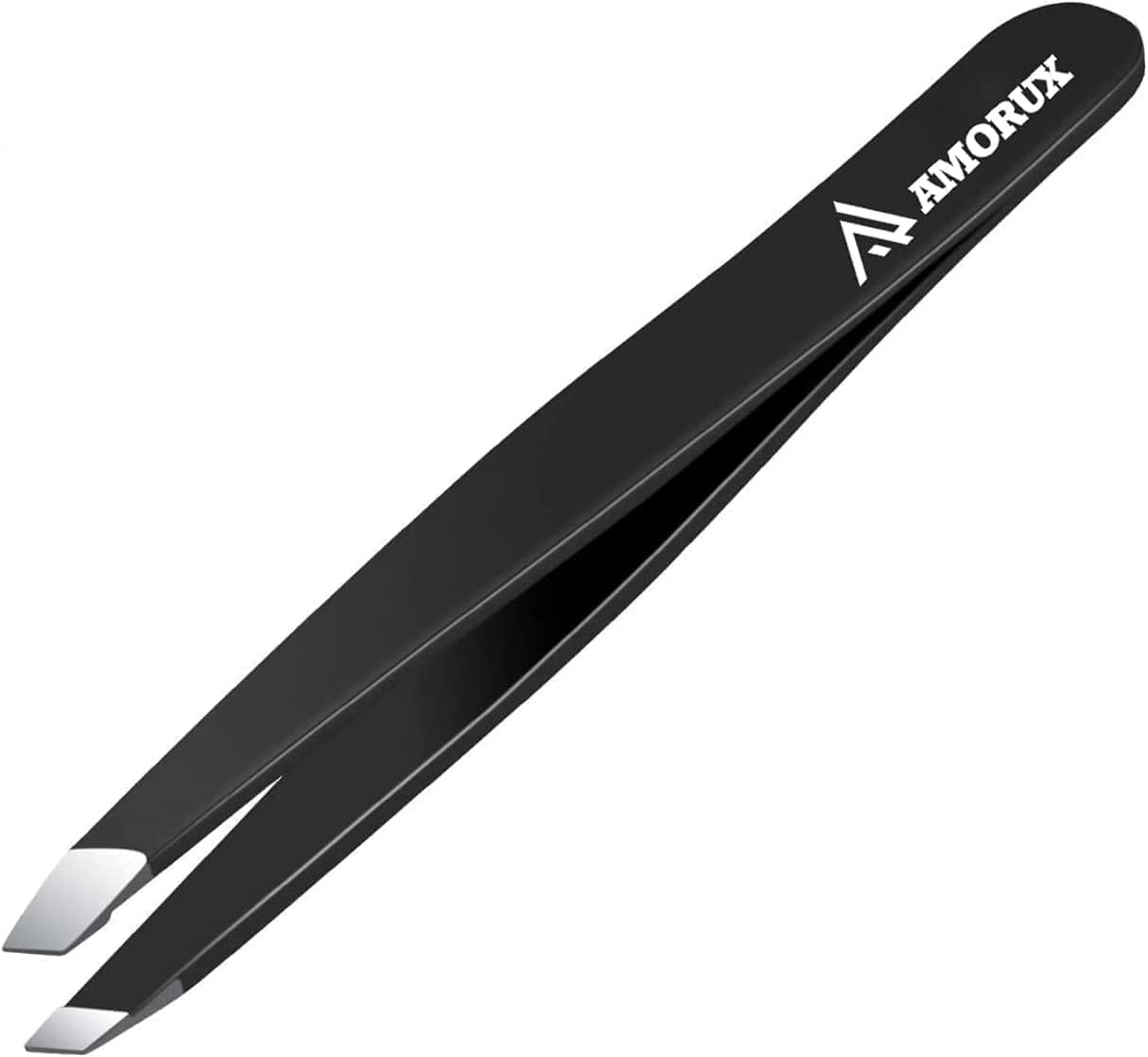 Amorux Pinzas para el cabello facial para hombre y mujer, acero inoxidable, con revestimiento de color negro, pinzas de precisión inclinadas y puntas, pinzas para cejas para pelos encarnados Pinzas