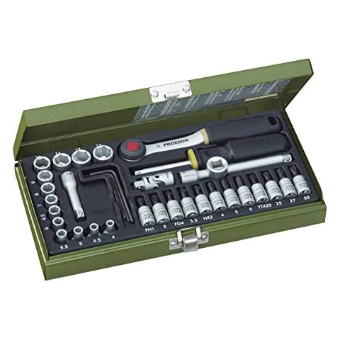 PROXXON Steckschlüsselsatz, Feinmechaniker-Satz mit 1/4"-Umschaltratsche sowie Schraubendrehergriff, 36-teiliges Werkzeug-Set mit Stahlkasten, 23080, 30 x 12.5 x 5 cm Cover