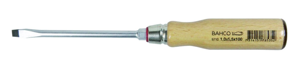 Bahco 9710-5.5-100 Screwdriver with Wooden Handle for Slotted Head Screws Silver/Brown, 5.5/200 mm
