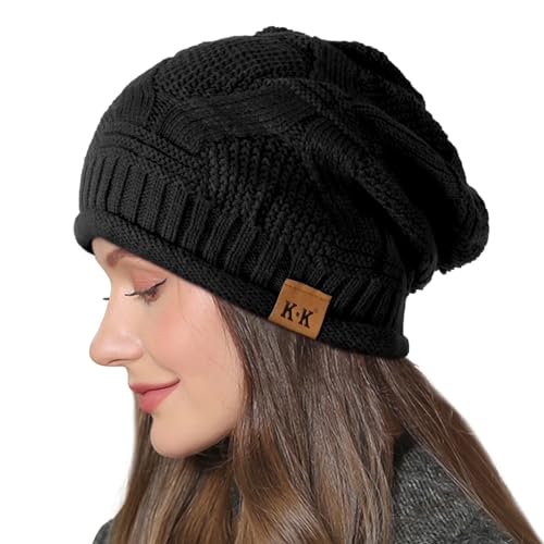 Beanie Hat Women - Winter Warm Knitted Beanies Ladies Thermal Wooly Hat Soft Stretch Slouchy Beanie Skull Cap Cable Knit Hat for Women Girls Outdoor UK, Black-A, One Size