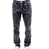 Men's Floral Print Straight Leg Skinny Elastic Force Jeans, Black Gray Acid Wash Denim, Vintage Style Pattern (US, Numeric, 32, Regular, Regular, Black)