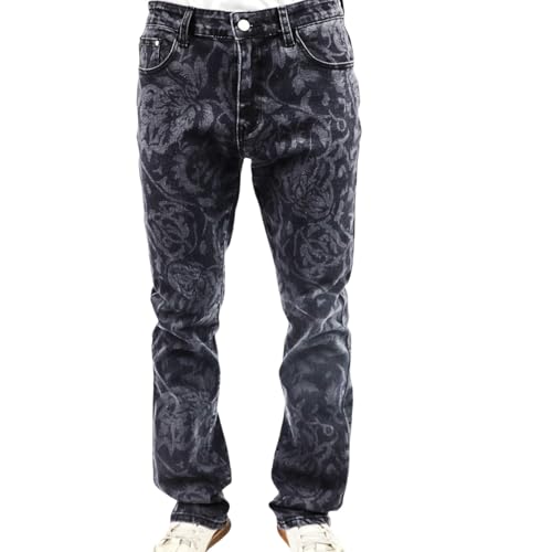 Men's Floral Print Straight Leg Skinny Elastic Force Jeans, Black Gray Acid Wash Denim, Vintage Style Pattern