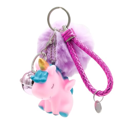 Image of Unicorn Keychain Silicone Unicorn Keyring Purple Pom Pom Key Chain Purse Backpack Bag Car Key Charm Fluffy Plush Ball Keyring with Bell Pendant for Women Birthday Gifts