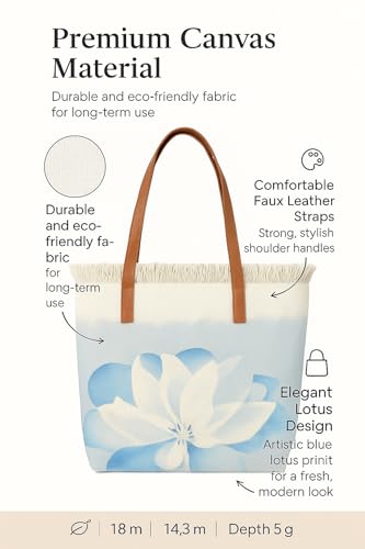 Image of GRECIILOOKS Eco Canvas Boho Tote Bag for Women, Spacious Jute Handbag with Faux Leather Straps, Frayed Edge & Floral Print, Lightweight Shoulder Bag for Beach Travel Shopping Work