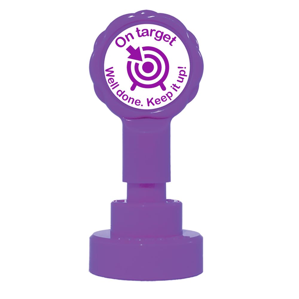School Stamps Purple On Target. Well Done. Keep It Up! Teacher Stamp. Self-Inking, 22Mm, Reinkable, Quality Stamper For Marking And Feedback. Ink (Xclam)