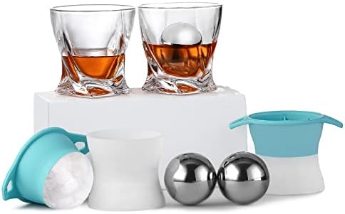Old Fashioned Whiskey Glasses,Set of 6 (2 Crystal Bourbon Glasses,2 Stainless Steel Ice Balls,2 Round Big Ice Molds )-9 Oz Whiskey Rocks Glass for Scotch Cocktail Rum Cognac Vodka Liquor,Gift for Men