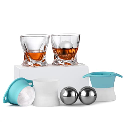 Old Fashioned Whiskey Glasses,Set Of 6 (2 Crystal Bourbon Glasses,2 Stainless Steel Ice Balls,2 Round Big Ice Molds )-9 Oz Whiskey Rocks Glass For Scotch Cocktail Rum Cognac Vodka Liquor,Gift For Men #TOP8