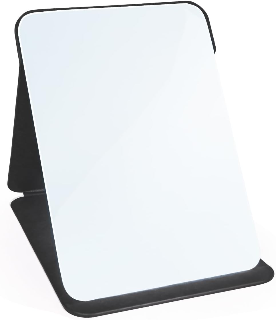 Yatnks Makeup Mirror, 6x8 Inches Portable PU Leather Mirror, Folding Desktop Vanity Mirror with Adjustable Stand for Vanity Table, Office, Travel (M, Black)