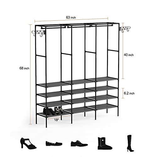 Kertnic 4-Tier Shoe Rack Storage Organizer For Entryway, Free Standing Black Shoes Rack And Boots Racks, Versatile Shoe Shelf Stand With Coat Hanging Garment Rack For Bedroom #TOP7