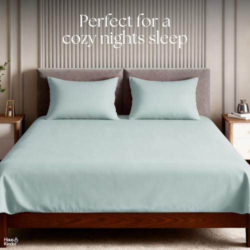 Image of haus & kinder Bedsheet King Size, 300 TC Cotton Sateen Weave, Flat Bedsheet for King Size Bed, Silky Smooth (Spring Mint, 108x108)