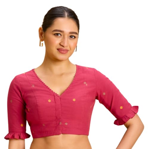 Image of Studio Shringaar Women's Handloom Cotton Jamdani Border Readymade Saree Blouse