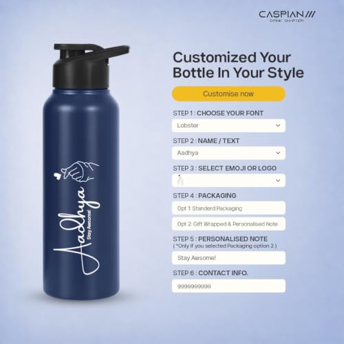 Image of Caspian Hike Customised Stainless Steel Water Bottle 750ml, P Blue with Logo Print - Personalised Water Bottle with Your Name Print for Kids Boys Girls School Office Gym- Perfect for Corporate Gifting