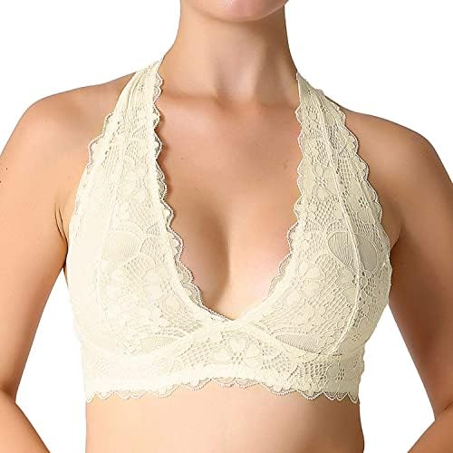 JOJOANS Halter Lace Bralette Unpadded Wireless Sheer Bra Bustier Full Coverage Lingerie Cream White