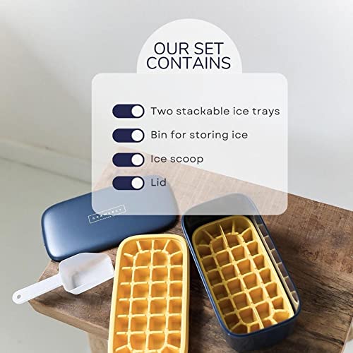 Ice Cube Tray with Bin - for Freezer with Lid and Scooper (Navy Blue)