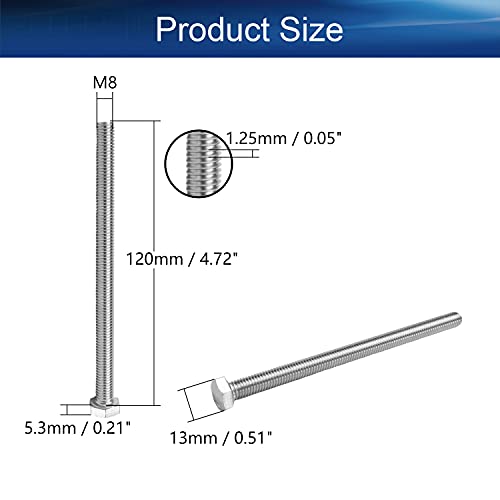 Image of Bettomshin 4Pcs M8 x 120mm Hex Bolts, 304 Stainless Steel 1.25mm Thread Pitch Fully Threaded Metric Hex Head Screw Bolts, Hexagon Screw Bolt, Hex Tap Bolts, Silver, A2-70 (Overall Size 125.3x13x13mm)