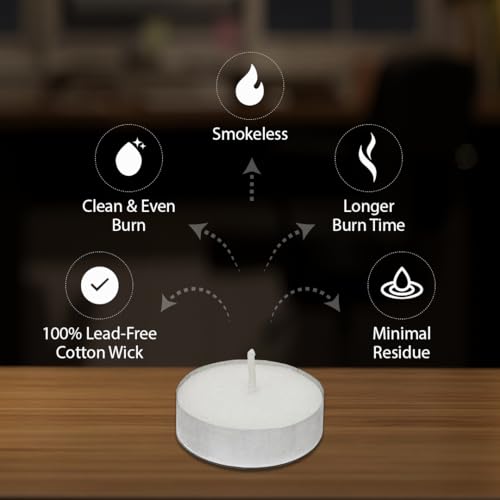 Image of D'Velas White Unscented Wax Tealight Candles - Pack of 100 | 2 Hours Burning Time, Paraffin Wax, Unscented, Smokeless, Dripless, for Home Decor, Offices & Other Occasions (White, Pack of 100)