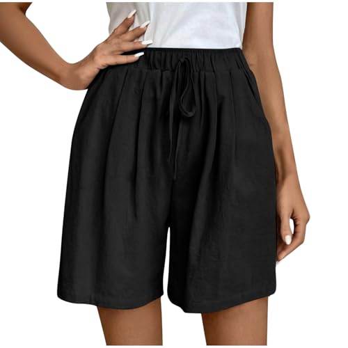 Womens Summer Cotton Linen Shorts Trendy High Waist Drawstring Workout Short Pants Casual Loose Comfy Beach Shorts(Black,Small)