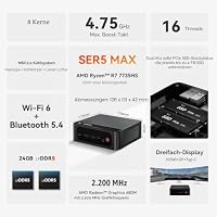 Beelink Mini PC SER5 MAX Mini Computer mit Ryzen 7 7735HS (8C/16T, bis zu 4,75 GHz), AMD Radeon 680M, 24G (12G*2) LPDDR5, 500G M.2 2280 PCIe SSD, BT 5.4/WiFi 6/2500Mbps LAN/HDMI/DP/Type-C – Ansicht 2