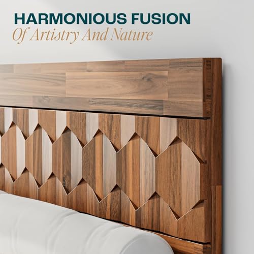 Image of Bme Georgina Queen Bed Frame and Headboard, Signature Handcrafted Geometric Design, US Patent Pending Design, Solid Wood, No Box Spring Needed, 12 Strong Wood Slats Support, Easy Assembly, Dark Choco