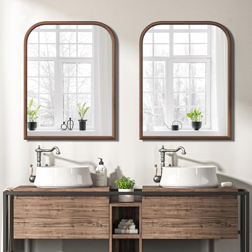 Image of 28 inchx36 inch Arch Wall Mirror for Wall, Wall Mounted Vanity Mirror for Bedroom, Wood Grain Finish Frame Mirror with Tempered Glass, Vintage Decorative for Bathroom, Entryway, Living Room, Walnut
