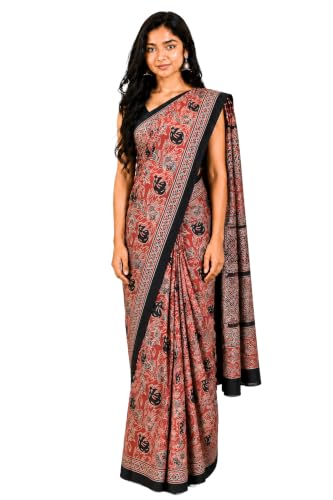 Image of Ethnics of Kutch Womenss Ajrakh Modal Silk Natural Dye Hand Block Print Saree with Blouse Piece - 5.5 Mtr Length