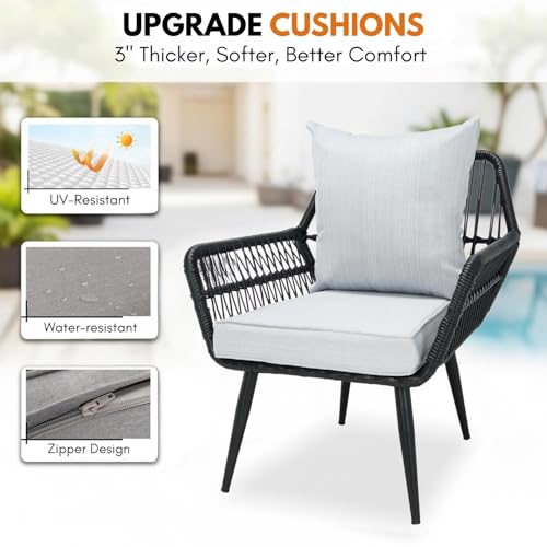 Image of DEVOKO Rope 3-Piece Outdoor Patio Garden Chair Table Bistro Set with Water-Resistant Cushions & HDPE Metal Frame for Balcony, Terrace, Poolside(Black & Grey)