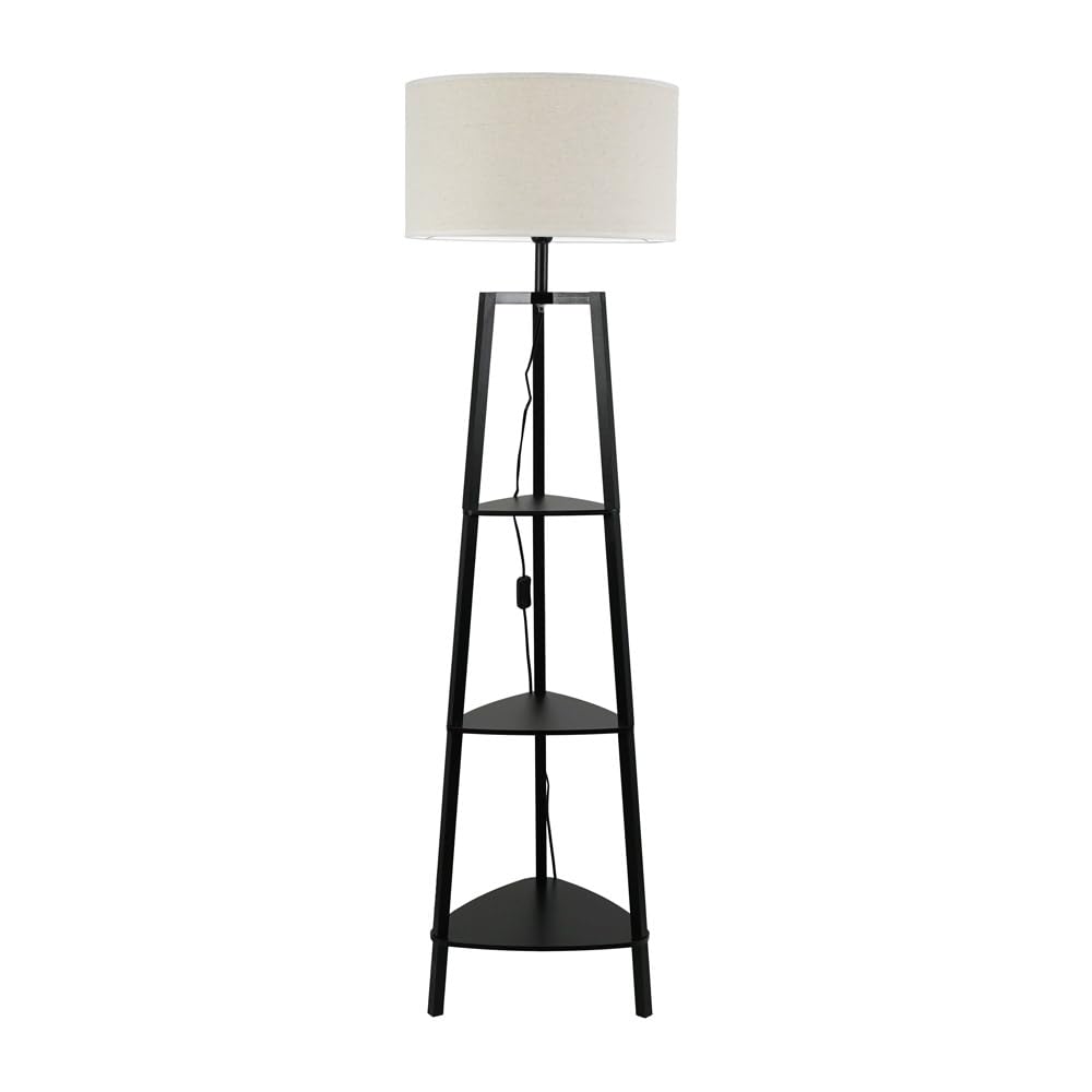 ValueLights | Matt Black Wooden 3 Tier Shelf Floor Lamp with White Trim Drum Shade Living Room Lounge Light | Floor Lamps, Home Décor & Improvement Essential | Included LED Bulb