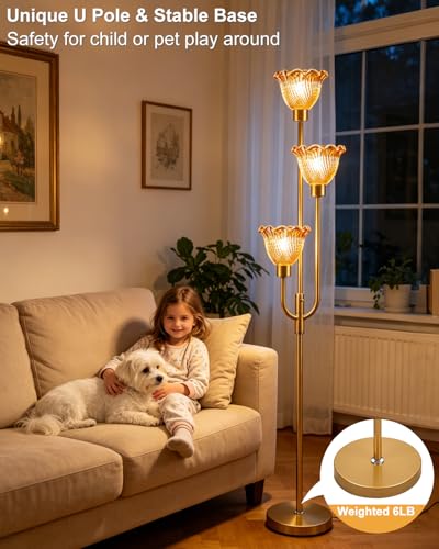 Image of Lightdot 3-Lights Glass Floor Lamp 66IN Modern Gold Dimmable Floor Lamps with 3000K Warm White Bulbs for Wedding Party Tall Standing Lamp with Amber Glass Shade for Living Room /Bedroom /Home Decor