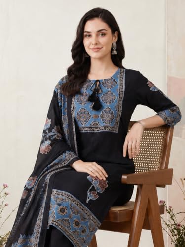 Image of INDO ERA Women's Pure Cotton Abstract Printed Mirror Work Kurta & Pant with Dupatta Set (IEAI13205)|Cotton Suits For Women With Dupatta