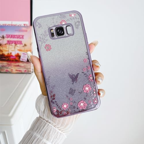 Image of for Samsung Galaxy S8 Plus Case, Galaxy S8 Plus Case for Women Gradual Change Glitter Crystal Soft TPU Butterfly Floral Heart Clear Protective Cover with Strap for Galaxy S8 Plus (Purple)