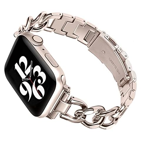 NYENEIL Cuban Link Compatible with Apple Watch Ultra Band 42mm 44mm 45mm Ultra 49mm Series 8 7 6 5 4 3 2 1 and iWatch SE for Men Women (starlight, 42MM/44MM/45MM/49MM) Cover