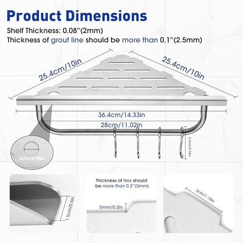 goodleben Shower Corner Shelf, 10'' Corner Shower Shelf with Towel Bar & Hooks, 2-Pack 304 Stainless Steel Recessed Bathroom Shelves, Grout in Bathroom Shower Shelf for Tiled Wall,(Brushed Nickel) by goodleben - Used condition - Image 2