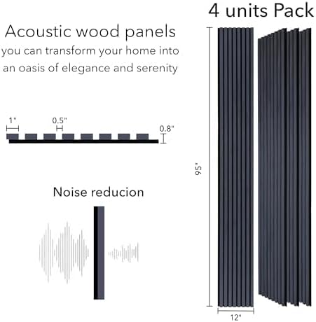 Wood Panels for Wall - Oak Acoustic Wall Panels - 4PK Wall Wood Panels - 94.49” x 12 - Soundproof Wood Wall Panels for Decor - Acoustic Slat Wood Wall Panels for Interior Decoration of Walls (Black)