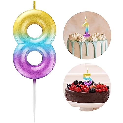 Rainbow Number 8 Candle Happy Birthday 3D Number Candles for Birthday Cake Party Decoration Wedding Anniversary Celebration Supplies