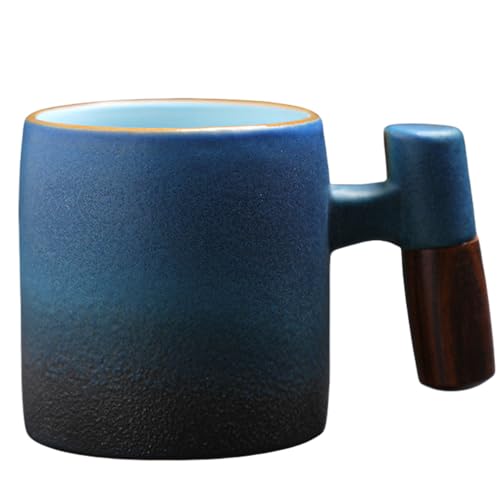 LJYING Ceramic Espresso Cups with Wooden Handle 80ML Expresso Coffee Cup Porcelain Small Coffee Cups Espresso Shot Cups Tea Cups (Blue&Black, 1 Pack)