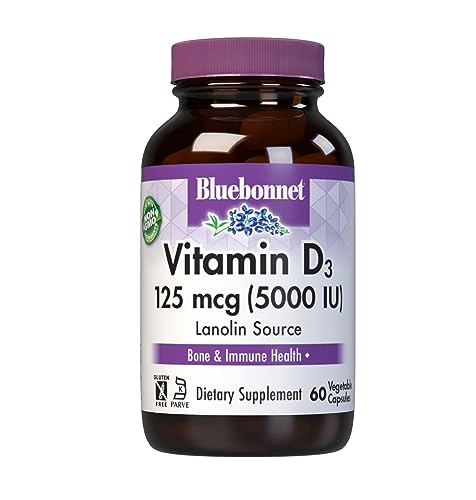 Bluebonnet Nutrition Vitamin D3 5000 Iu Vegetable Capsule, Aids In Muscle & Skeletal Growth, Cholecalciferol From Lanolin, D3, Non Gmo, Gluten Free, Soy Free, Milk Free, Kosher, 60 Count #TOP7
