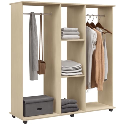 HOMCOM Armoire Penderie Meuble de Rangement Mobile 6 roulettes 120L x 40l x 128H cm en Bois Naturel